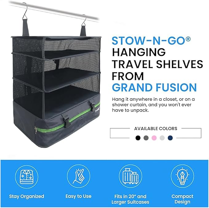 Stow-N-Go Portable Hanging Travel Shelves, Packing Organizer for Luggage. Carry on Closet for Clothes. Expandable Packing Cub