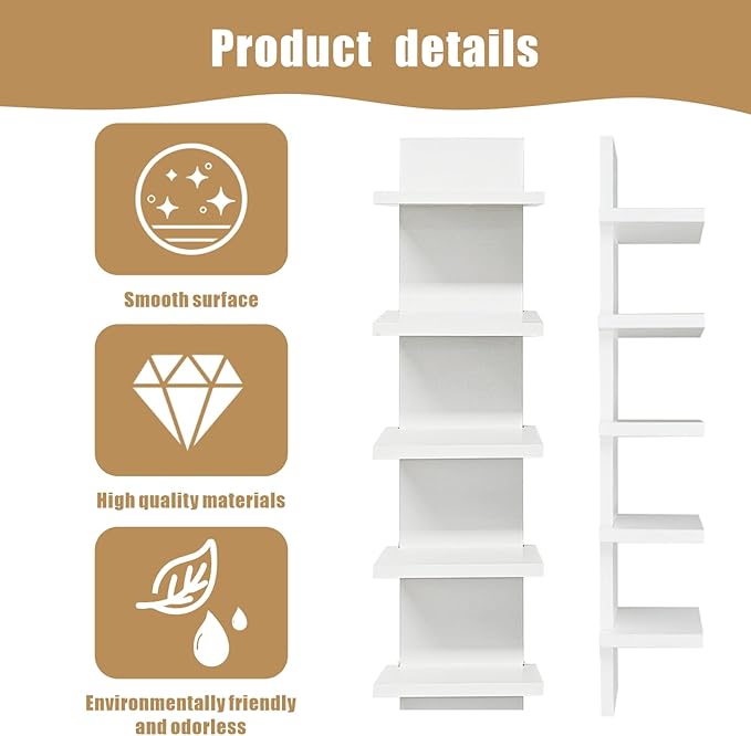 2 PCS 5 Tier Shelves for Wall, Decorative Wall Mounted Vertical Shelving Column Decor Mount Floating Storage Organizer Natura
