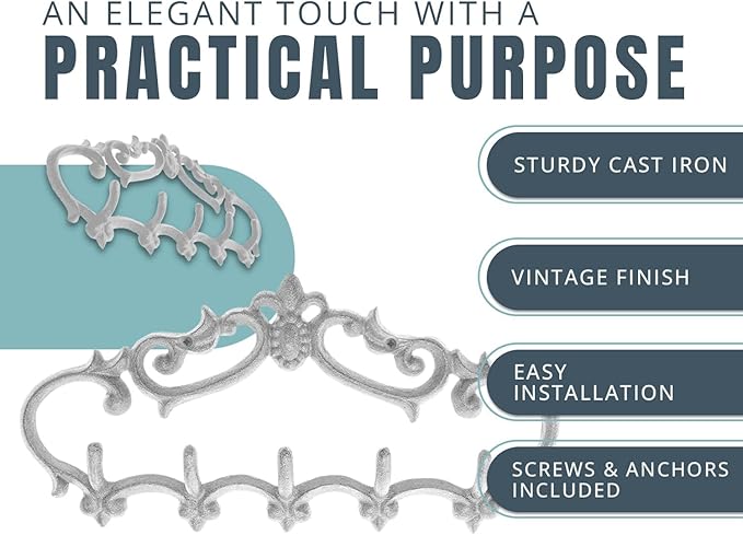 Comfify Cast Iron Wall Hanger – Rustic Design with 5 Hooks – Heavy Duty Metal Organizer for Keys, Towels, Robes, and Clothes 