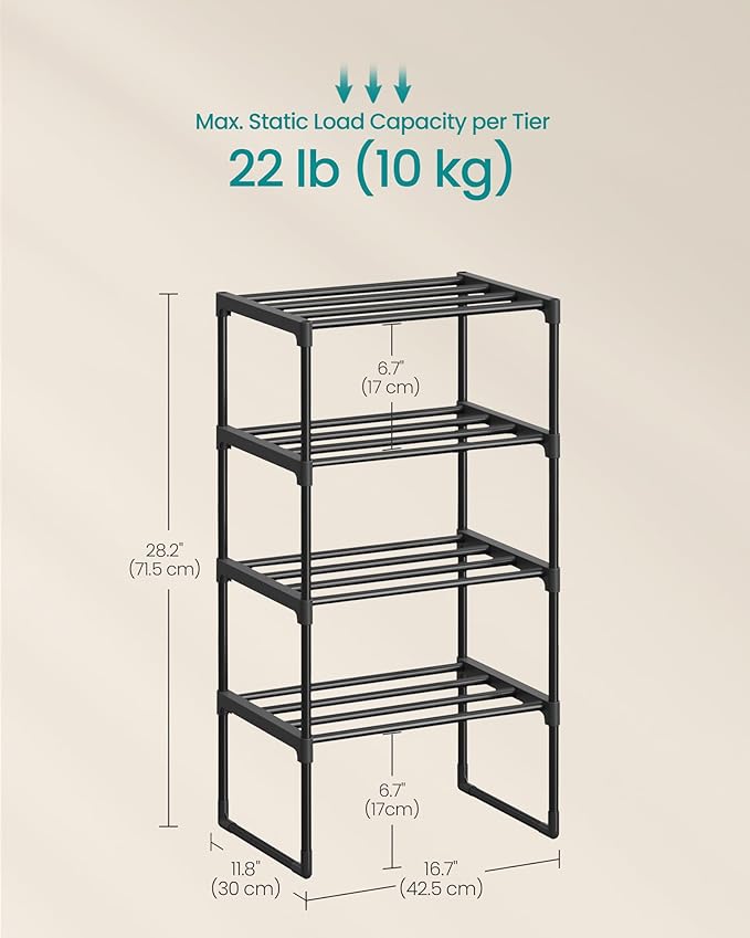 SONGMICS Shoe Rack, 4-Tier Shoe Organizer, Metal Storage Shelf, Upright or Upside Down, for 5-10 Pairs, Stackable, for Entryw