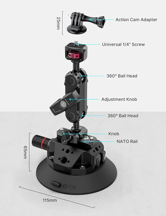 Ulanzi SC-02 Heavy-Duty Suction Cup Mount for Camera/Accessory (4.5"), Pump-actived Vacuum Camera Suction Cup Mount for Action Cameras w Quick Release NATO Magic Arm Car Boat Windshield Window Mount