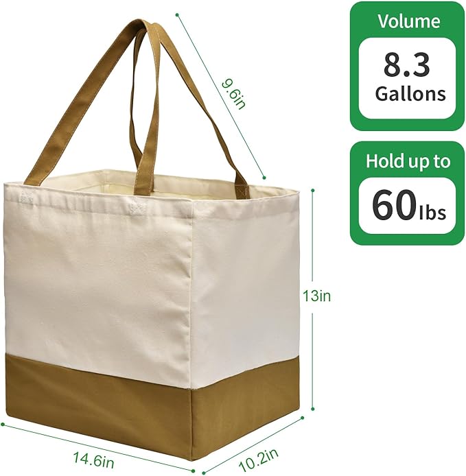 3 Pack Canvas Reusable Grocery Bags Heavy Duty, 8.3 gal Foldable Large Tote Bag with Handles, Holds 60 lbs Canvas Shopping Bags & Washable Eco-friendly Bags with 5 Pockets, camel+Off white