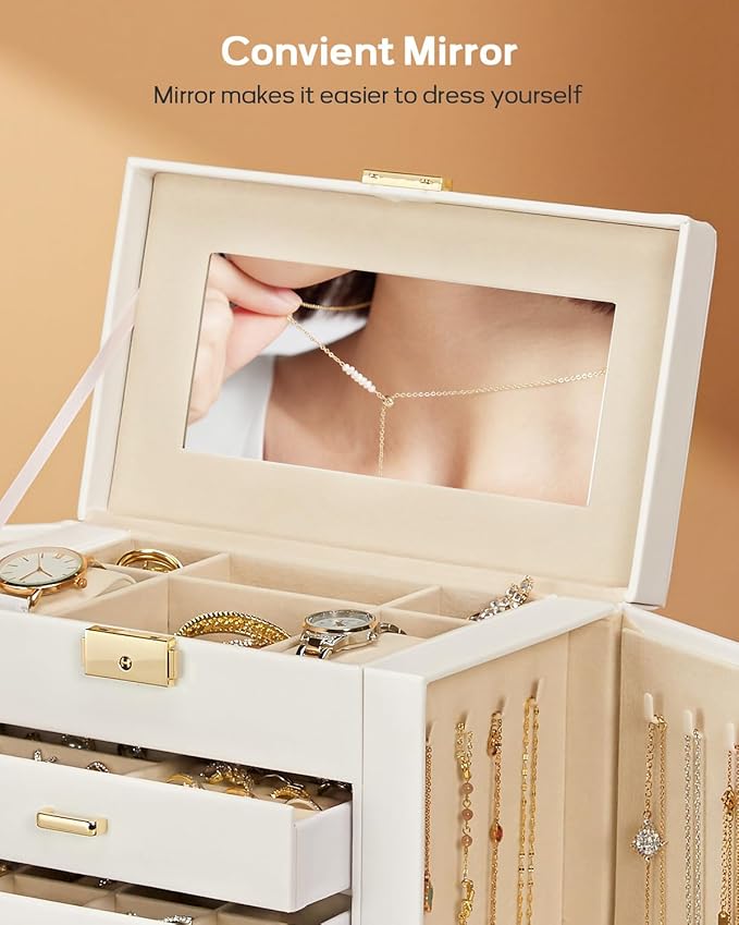 Homde Synthetic Leather Huge Jewelry Box Mirrored Watch Organizer Necklace Ring Earring Storage Lockable Gift Case (White + G