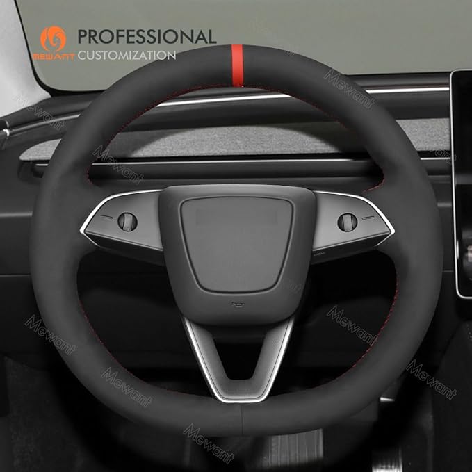 MEWANT Hand Stitched Matte Carbon Fiber&PU Leather Steering Wheel Cover Wrap for Tesla Model 3 Highland 2023 2024 2025 Steering Wheel Accessories