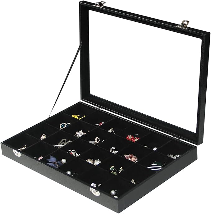 Coward Jewelry Organizer Box, Black Velvet 24 Grids Ring Earring Jewelry Display Tray Case with Transparent Glass Lid for Hom