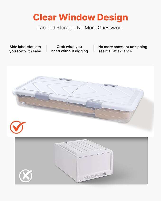 VEVOR Under Bed Storage with Wheels, 31.7 x 15.6 x 6.9 inch Underbed Containers, Underbed Shoes Organizer with Lid & Gray Lat