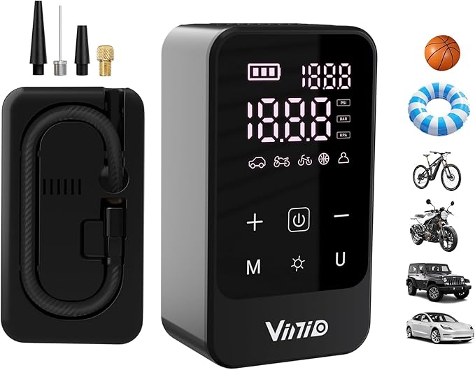 Vinid Cordless Air Compressor, 75W Portable Tire Inflator with Digital Pressure Gauge, Auto Shut Off, Fast Inflation for Car Tires, Bike, Motorcycle, Balls & Inflatables, Rechargeable Battery Powered