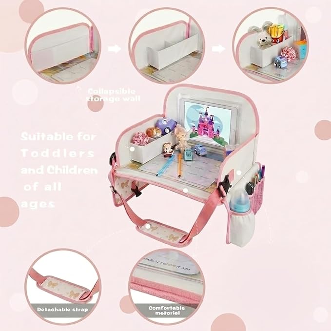 MENZOKE Kids Travel Tray for Toddler Car Seat, Toddler Travel Activities for Girl with iPad Holder Stand & Storage Pockets, R