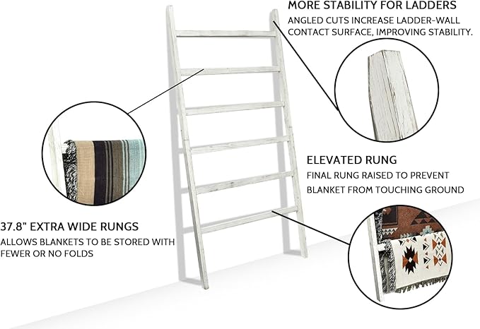 FUIN Extra Wide 6.4ft Wooden Blanket Ladder Living Room Decorative Wal Leaning Farmhouse Quilt Display Holder Rustic Wood Tow