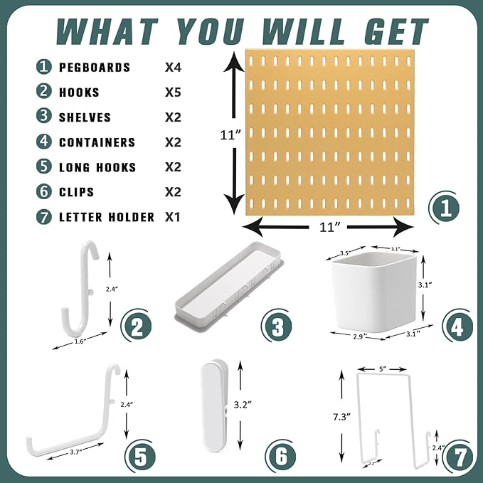 MULSAME Pegboard Combination Kit, Wall Mounted Storage Set with 4 Pegboards & 14 Accessories Hanging, Yellow Peg Boards Organ