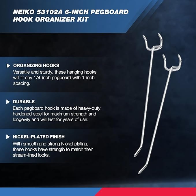 Neiko 53102A 6” Pegboard Hook Organizer Kit, 50 Pack, Hanging Hooks Set for Garage Organization, Great for Wall Hanging and S