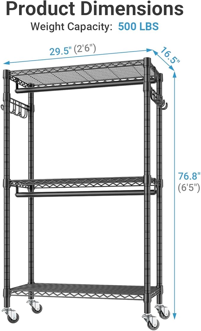VIPEK R2 Medium Rolling Clothes Rack Heavy Duty Clothing Rack for Hanging Clothes Adjustable Metal Wire Shelving Portable Clo