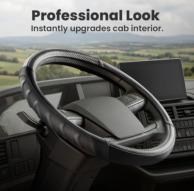 18 Inch Semi Truck Steering Wheel Cover for Freightliner Cascadia, Kenworth T680 T880, Peterbilt 579 & Volvo VNL – Heavy Duty Anti-Slip Leather Grip for Big Rig Class 8 Trucks – Black