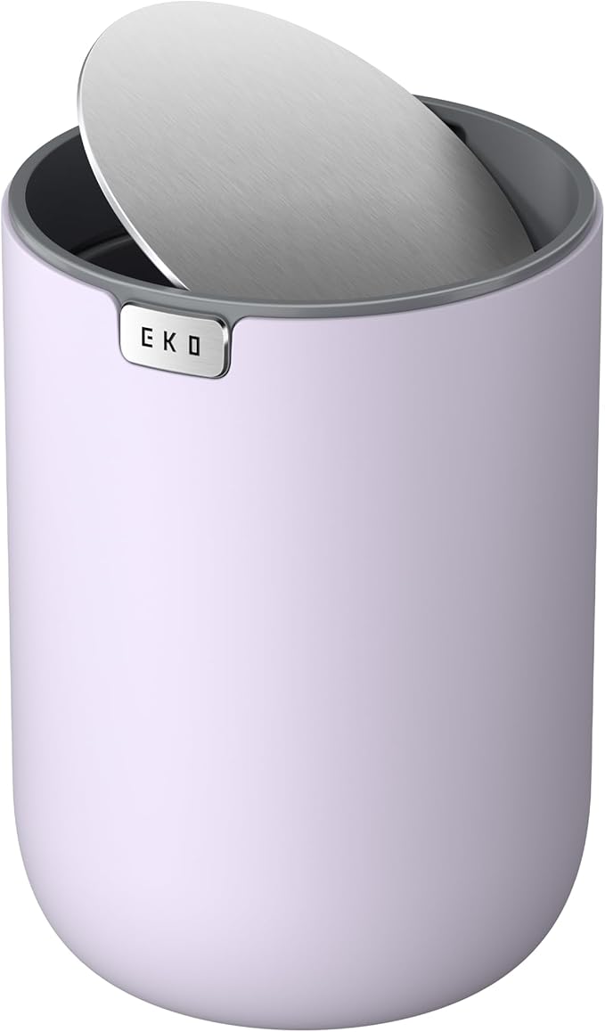 EKO Fandy 0.58 Gal/2.2L Mini Trash Can with Lid, Swing-Top Desktop Trash Can for Bathroom, Countertop, Vanity, Desk or Office, Small Garbage Bin (Lavender)