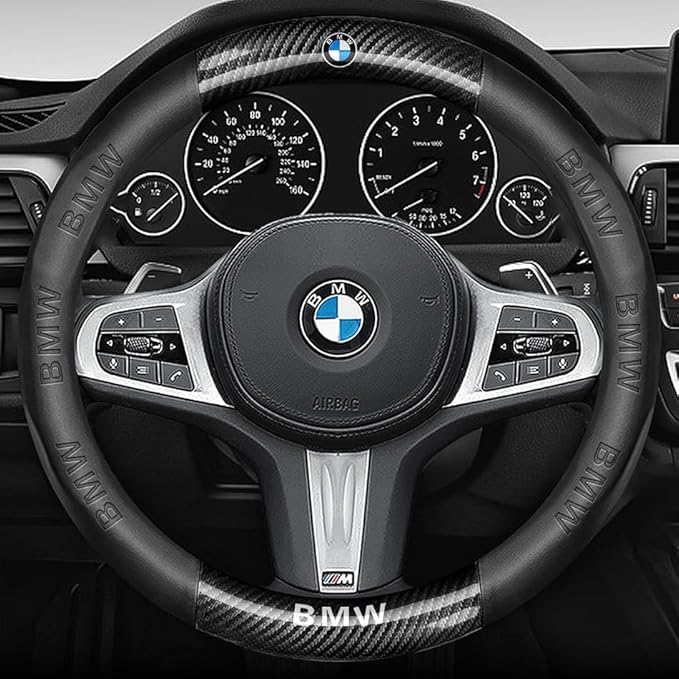 Customized Steering Wheel Cover Compatible with BMW, Premium Nappa Leather&Bright Carbon Fiber Texture Steering Wheel Cover, with Coasters and 3-in-1 USB Fast Charging Cable (Black)