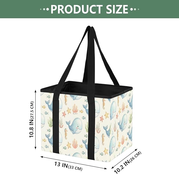 Cute Whales Reusable Grocery Bags Large Shopping Tote Bag with Reinforced Bottom Board, Water Resistant Foldable Storage Bags