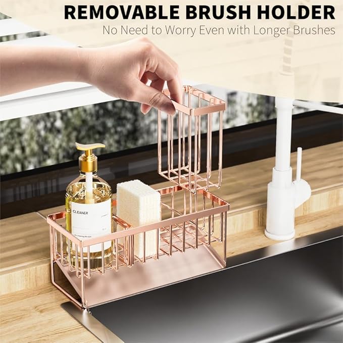 Cisily Sink Caddy Organzier with High Brush Holder, Sponge Holder for Sink, 304 Rustproof Stainless, Kitchen Countertop Soap 