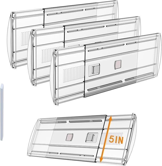 3 Pack Adjustable Heavy-Duty Drawer Dividers for Clothes,5" High Expandable From 13-21" Clear Drawer Organizers, PC Plastic S