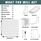 Pegboard Combination Kit for Wall Organizer, Wall Mounted Peg Board Kits for Kitchen, Bedroom, Office, &Bathroom, 4 Pieces Wh