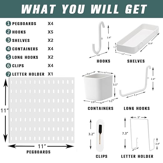 Pegboard Combination Kit for Wall Organizer, Wall Mounted Peg Board Kits for Kitchen, Bedroom, Office, &Bathroom, 4 Pieces Wh