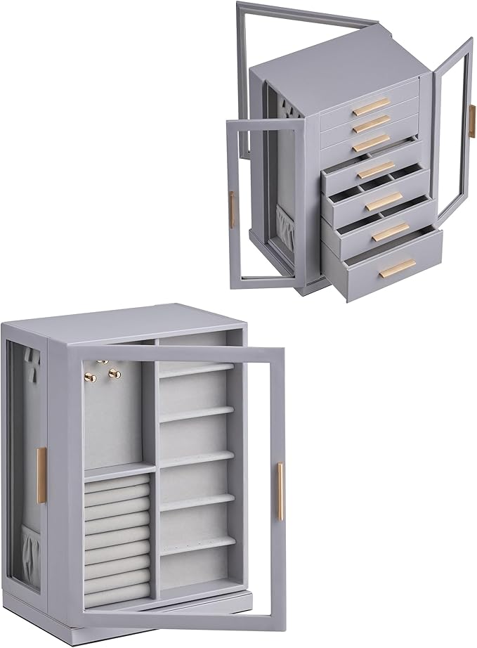 Glimmloop 360° Rotating Jewelry Box with 7 Drawers, Spacious Vertical Jewelry Organizer with Glass Window, Jewelry Storage Ca