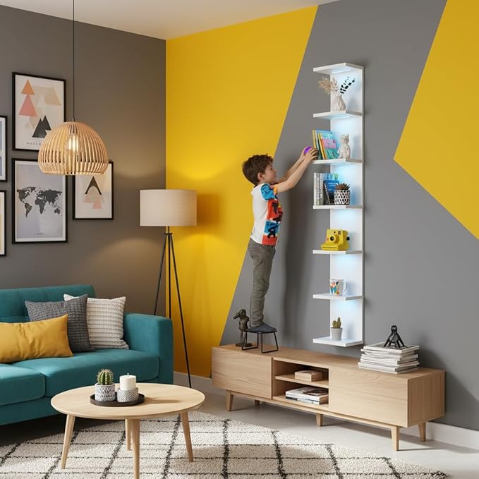 7 Tier Wall Shelf with Lights, White Lack Wall Shelf, Display Floating Shelves with Remote Control for Home Decor Bedroom Van