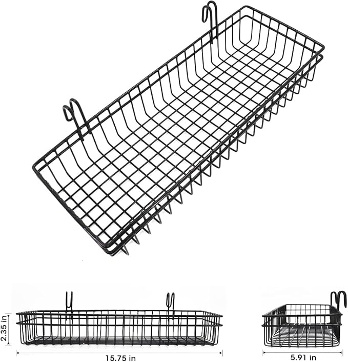 ANZOME 2 Pcs Metal Grid Wall Baskets with Hooks - Black Hanging Wire Basket Grid Wall Shelves - Multi Function Storage Organi