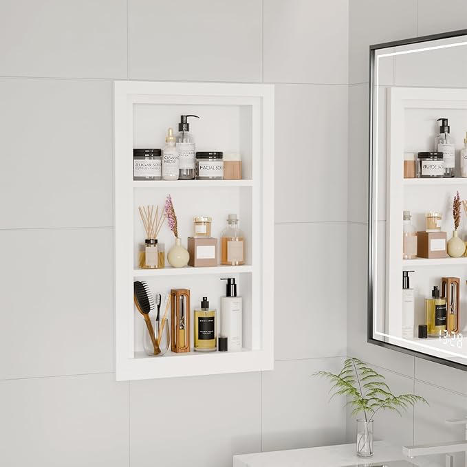 Solid Wood 14 X 24 Recessed Medicine Cabinet,3-Tier, Medicine Cabinet Organizer,Wall Niche, Bathroom Wall Cabinet, Recessed B