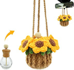 Crochet Car Air Freshener, 15ml Empty Refillable Oil Diffuser Bottle with Hanging Crochet Sunflower for Car Rearview Mirror D