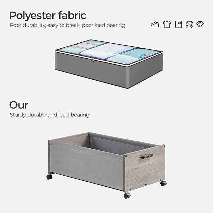 Under Bed Storage with Wheels, Wooden Under Bed Drawers On Wheels, Rolling Under Bed Shoe Storage, Space Saving,Grey,70L