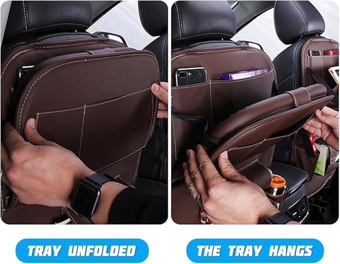 Car Seat Back Organizer, Leather Vehicle Seatback Storage Pocket with Foldable Table Tray, Multifunctional Automotive Backsea