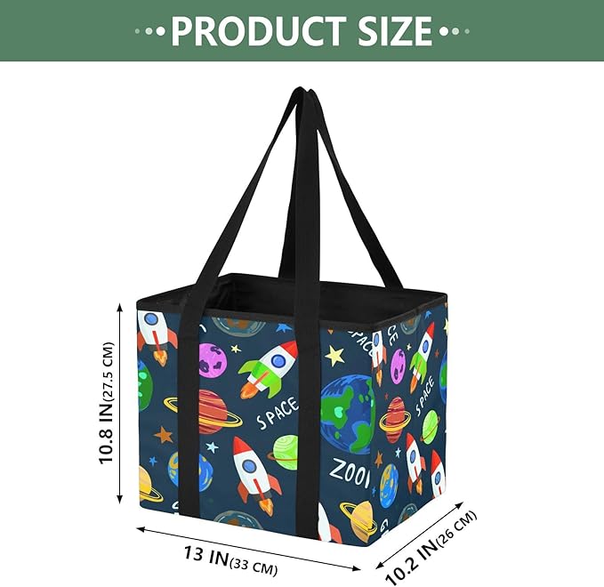 Colorful Planets Reusable Grocery Bags Large Shopping Tote Bag with Reinforced Bottom Board, Water Resistant Foldable Storage