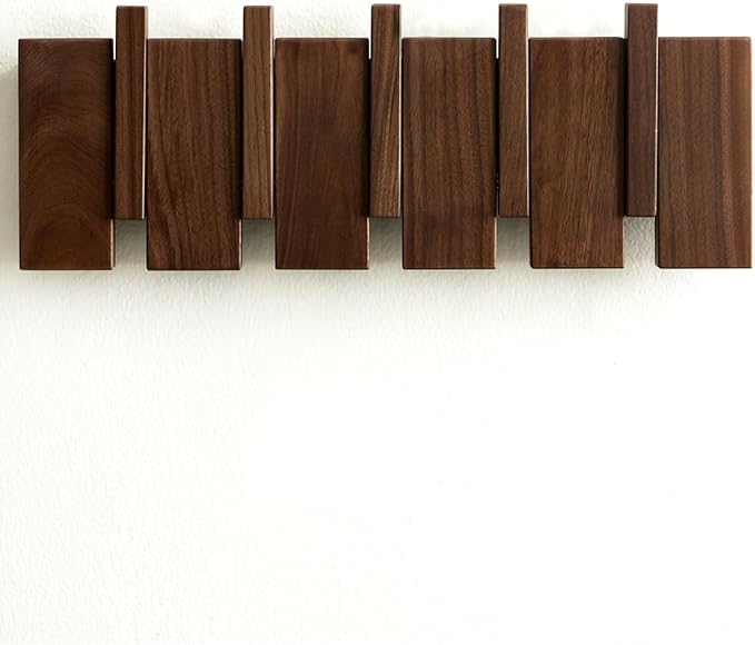 Wood Coat Rack Wall Mount - Large Walnut Piano Coat Rack wtih 5 Hooks for Hanging Clothes,Keys,Robes,Purse,Towels,Modern Deco