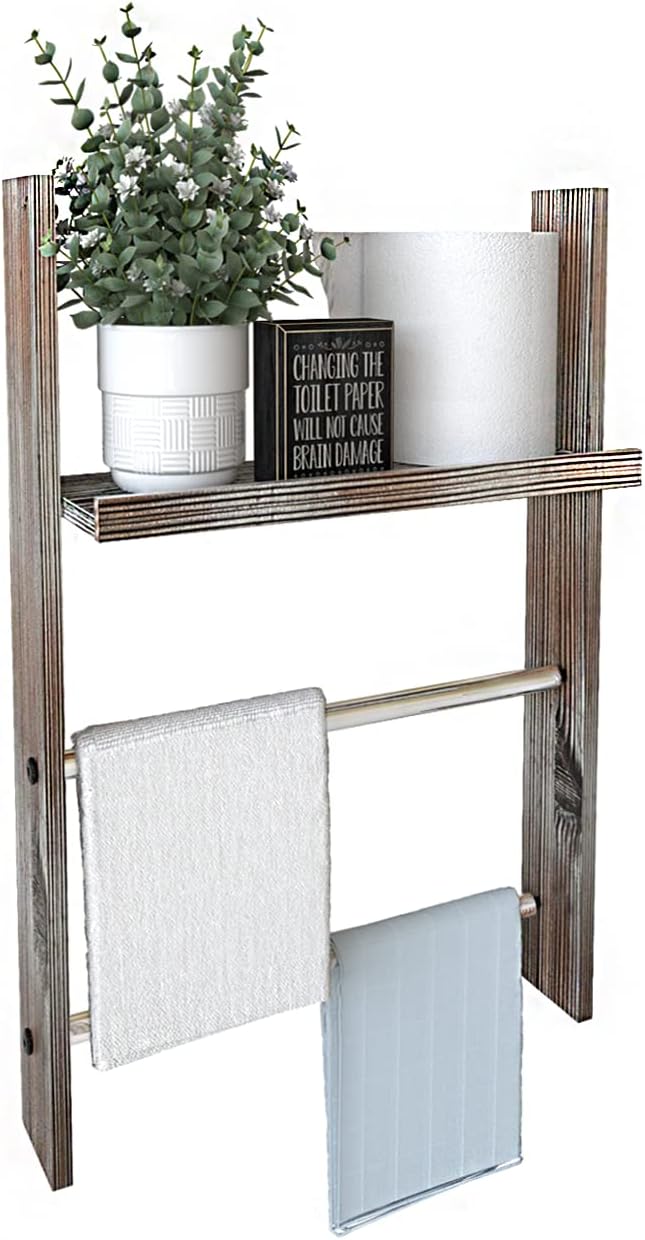 J JACKCUBE DESIGN Rustic Wood Wall Mount Towel Rack with Shelf, Blanket Ladder for Bathroom, Kitchen Hand Towels Holder, Stai