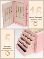 BOOVO Jewelry Box For women, 6 Layer Large Jewelry Organizer With Mirror, Multi-Function Storage Box With Lock, Necklace Hold