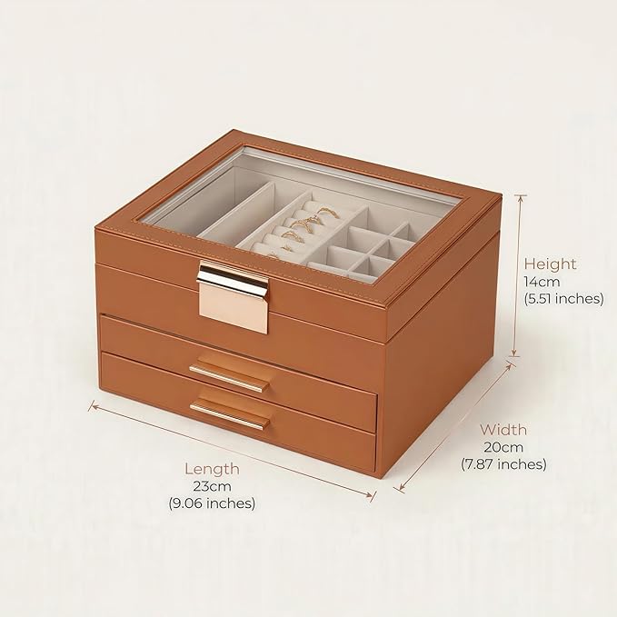 Jewelry Box Organizer with Glass Lid, 3-Layer with Double Drawers, Luxury Velvet Lined Desktop Display Case for Earrings Ring