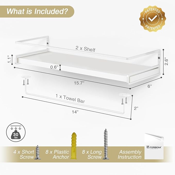 Forbena Bathroom Shelves for Wall Set of 2, White Nursery Floating Book Shelves for Kids Room, Small Wall Mount Bookshelf and