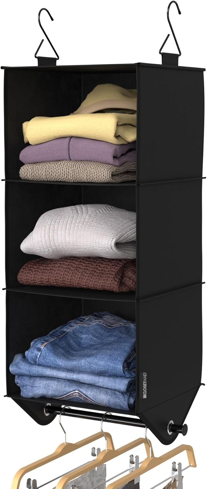ClosetMaid 3-Shelf Fabric Hanging Closet Organizer with Garment Rod for Shirts, Sweaters, Pants, Hats, Shoes, Purses with Cha