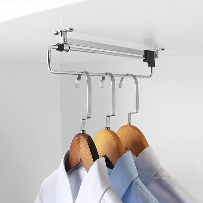 Wardrobe Clothes Rail, Wardrobe Chrome Pull Out Retractable Wardrobe Clothes Hanger Rail Towel Coat Racks Closet Rod, Extendi
