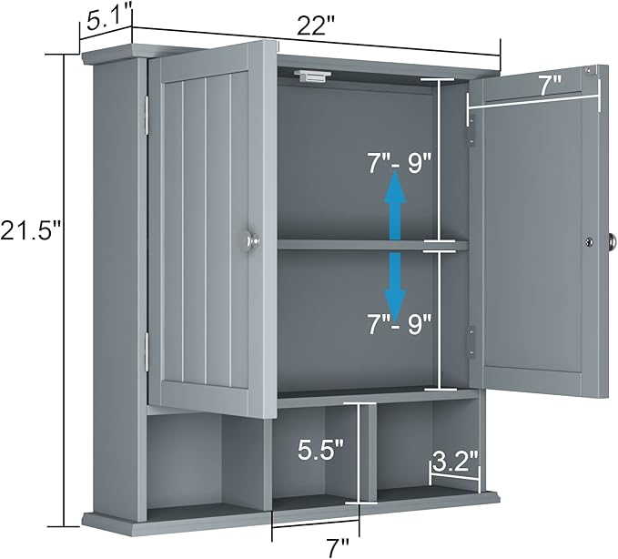 ChooChoo Bathroom Cabinet Wall Mounted 2-Door with 3 Open Shelves, Wooden Medicine Cabinets with Adjustable Shelf, Space Save