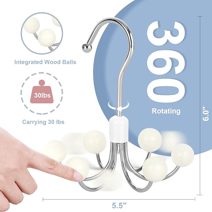TOPIA HANGER Hoodie Hangers 2-Pack with 6 Wood Balls, 360°Swivel Purse Hanger, Scarf Hanger, Closet Hooks, Handbag Organizer,