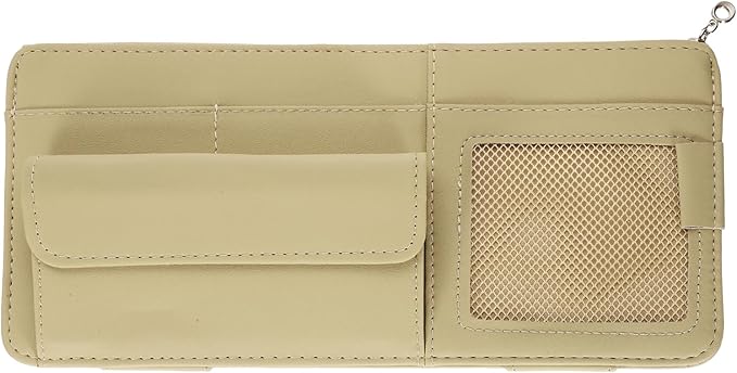 PATIKIL 1 Pcs Car Sun Visor Organizer, 12.8 x 6.5 Inch PU Leather Vehicle Storage Pouch Holder for Sunglasses Card Pen Driver License Car Accessories, Beige