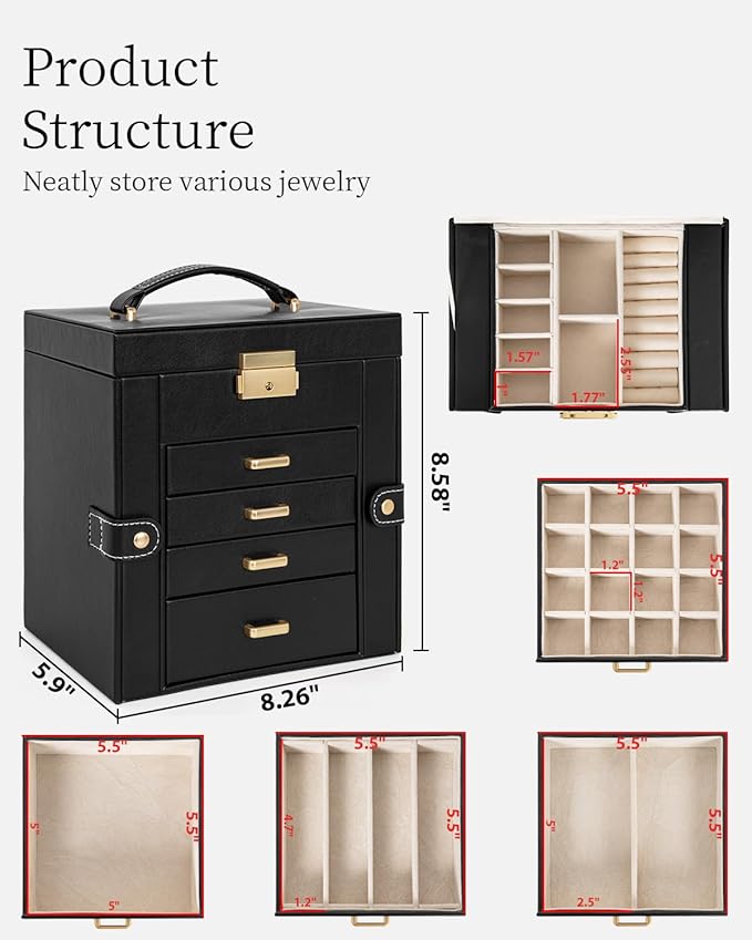 TORIBIO Jewelry Box for Women, Leather Jewelry Organizer with Mirror & Lock, 5-Tier Jewelry Storage Organizer with 4 Drawers 