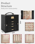 TORIBIO Jewelry Box for Women, Leather Jewelry Organizer with Mirror & Lock, 5-Tier Jewelry Storage Organizer with 4 Drawers 