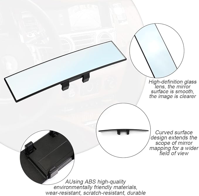 Car Rearview Mirrors, Shock Resistant Interior Clip-on Panoramic Rear View Mirror for Car, Wide Viewing Range, 12 inch HD Universal Use for Cars, SUVs, Trucks, Vehicles (White)