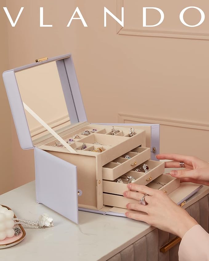 VLANDO Jewelry Box for Girls, 4-Tier Jewelry Organizer with Lock, Mirror Jewelry Box for Earring, Ring, Necklace and Bracelet