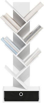 Furinno Tree Book Shelf, 7-Tier Bookshelf, Tree Bookcase with Bin Drawer, 8.4 x 16.9 x 46.2, for Living Room, Bedroom, Home O
