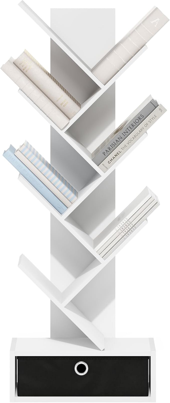Furinno Tree Book Shelf, 7-Tier Bookshelf, Tree Bookcase with Bin Drawer, 8.4 x 16.9 x 46.2, for Living Room, Bedroom, Home O