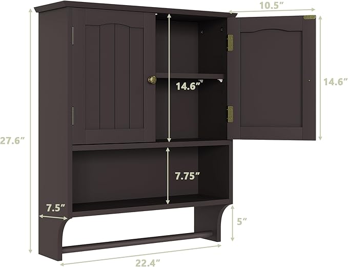 Smuxee Brown Wall Cabinet with Towel Bar - Medicine Cabinet with Adjustable Shelves, Over Toilet Cabinet for Laundry Room