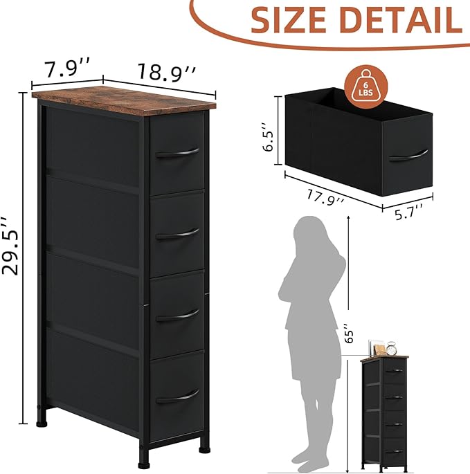 Somdot Narrow Dresser with 4 Drawers, Slim Storage Chest of Drawers with Removable Fabric Drawers for Closet Small Spaces Bat